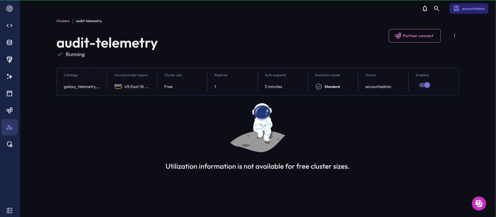 Starburst Galaxy cluster in AWS US East with the galaxy_telemetry catalog attached