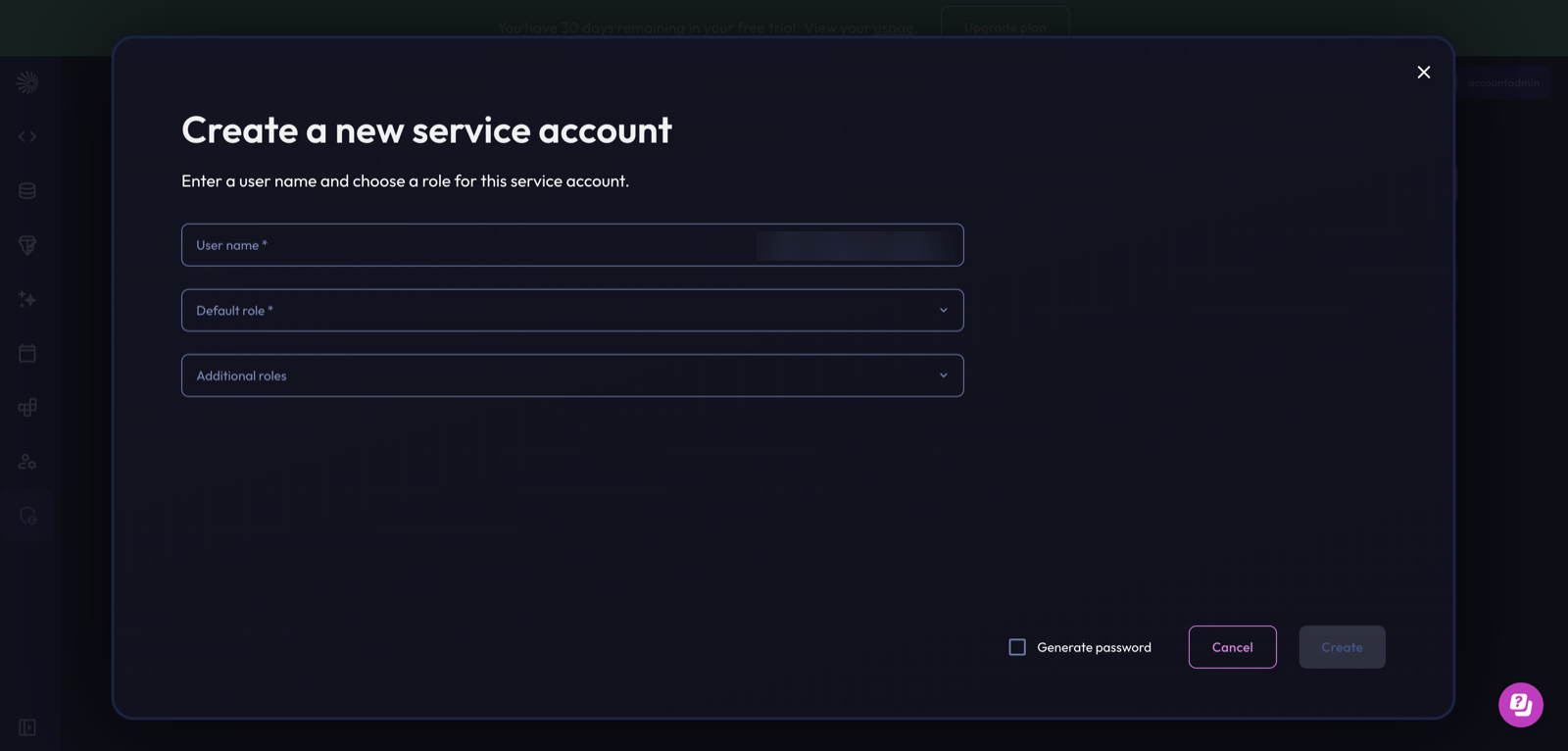 Starburst Galaxy Create a new service account dialog with the Generate password option