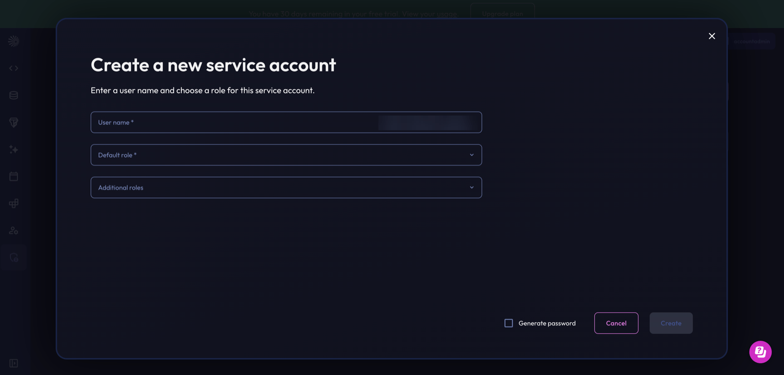Starburst Galaxy Create a new service account dialog with the Generate password option