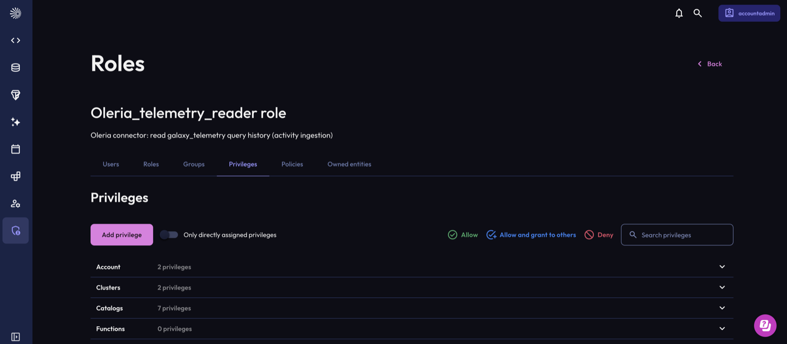 Starburst Galaxy role Privileges tab with the Add privilege button