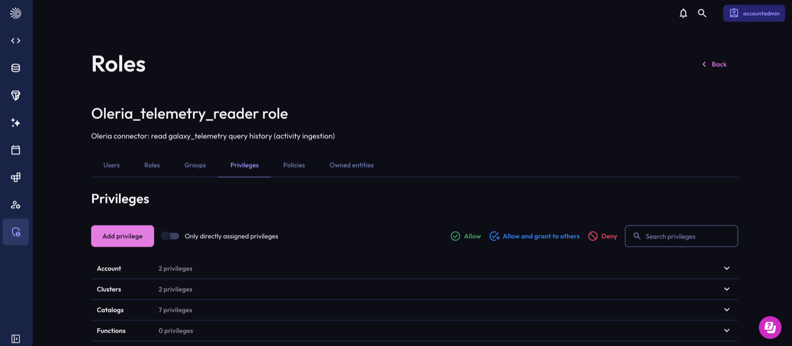 Starburst Galaxy role Privileges tab with the Add privilege button