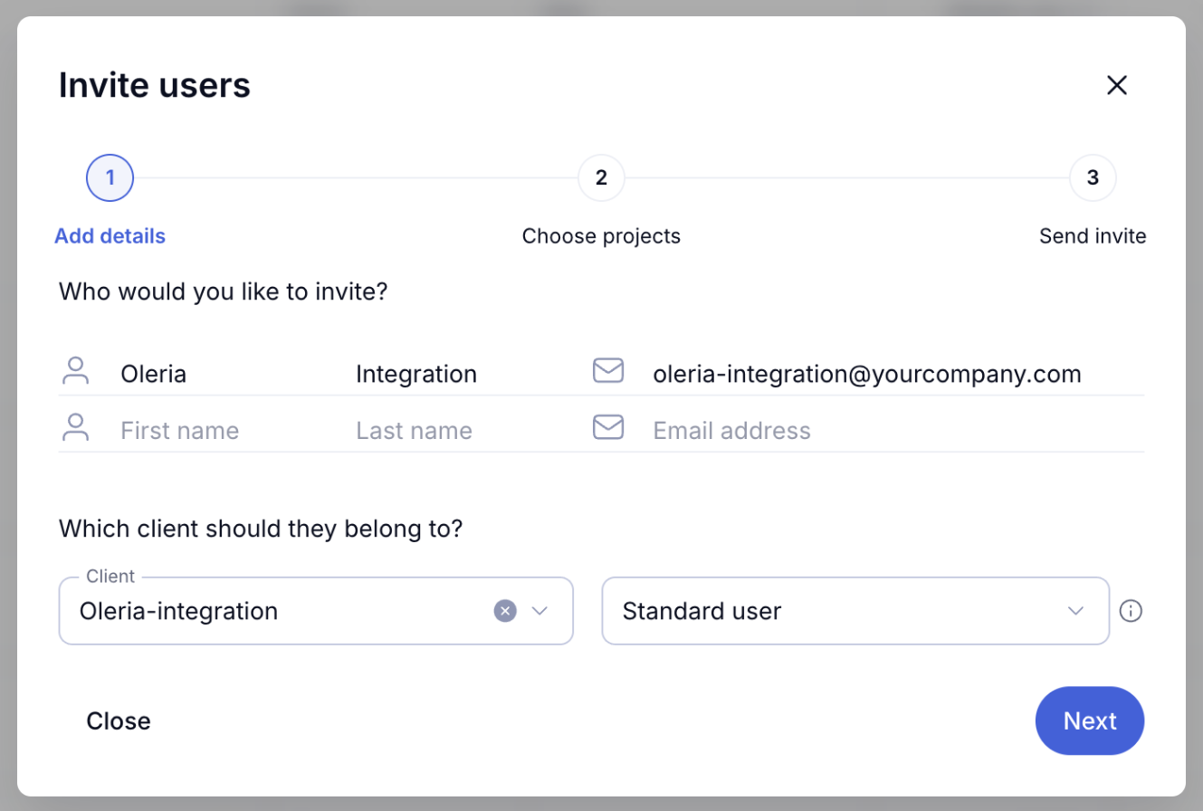 Teamwork Invite users dialog with an example integration user