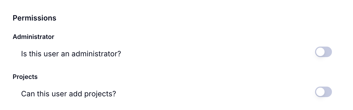 Teamwork user Permissions section with the Is this user an administrator toggle