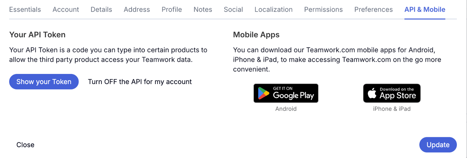 Teamwork Edit my details API & Mobile tab with the Show your Token button