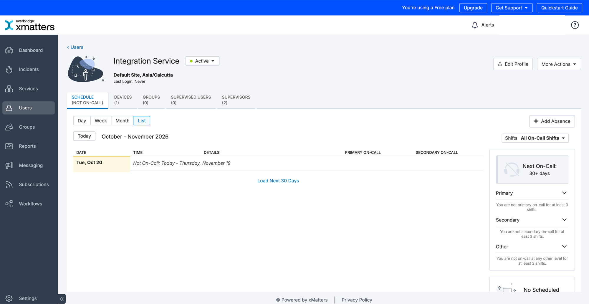 xMatters user page for the Integration Service user