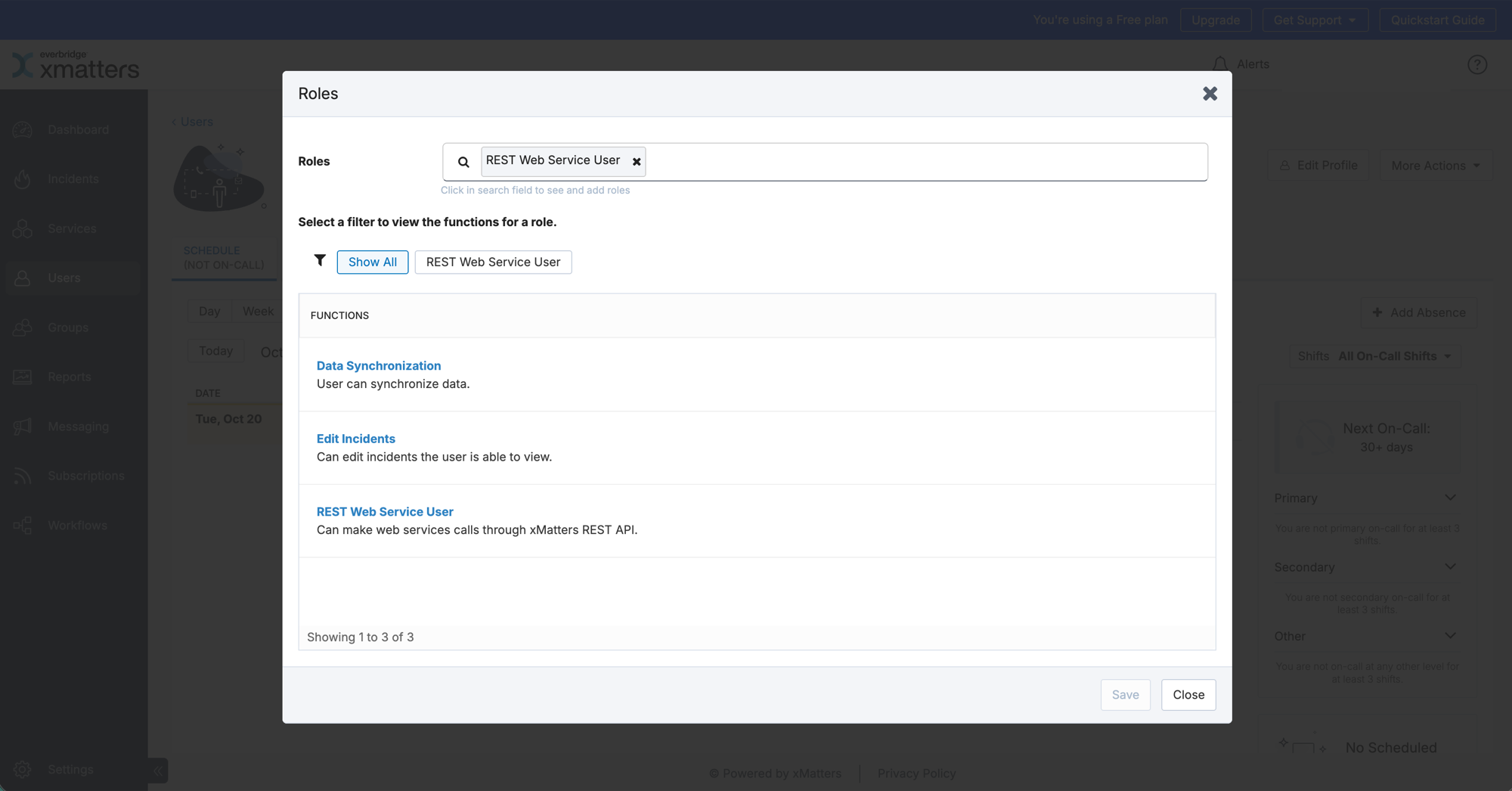 Roles dialog with REST Web Service User assigned and its functions listed