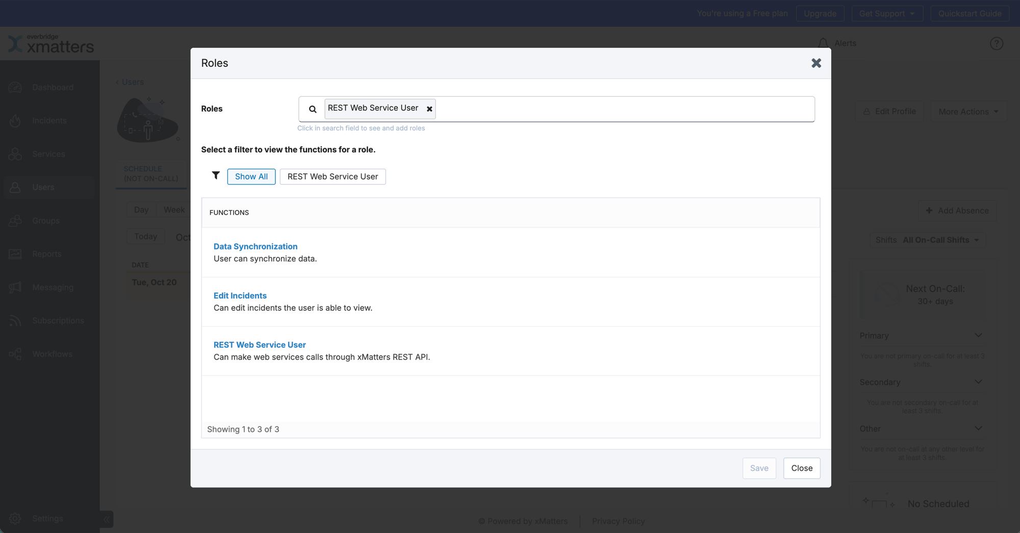 Roles dialog with REST Web Service User assigned and its functions listed