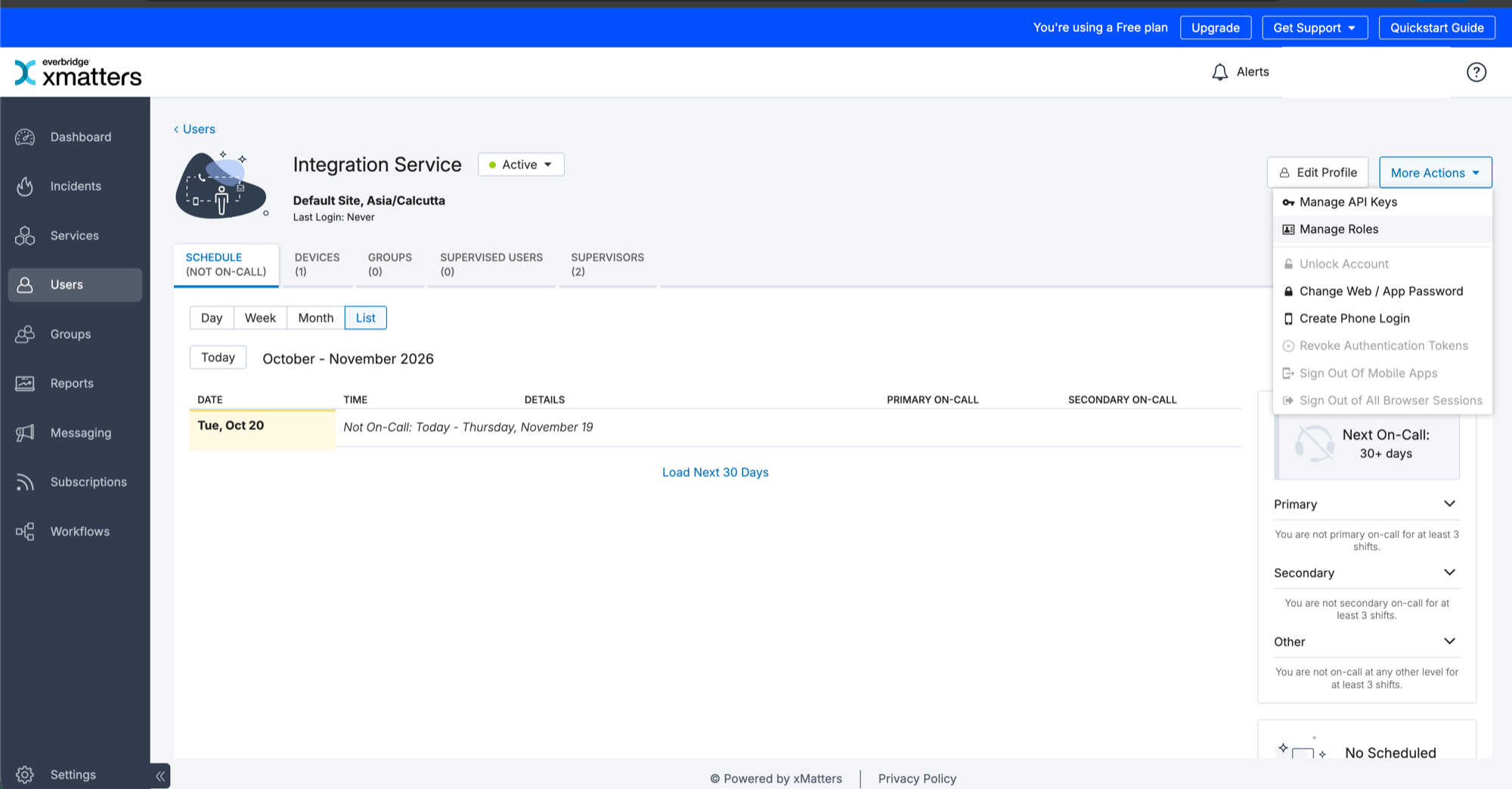 More Actions menu on the user page with Manage API Keys and Manage Roles