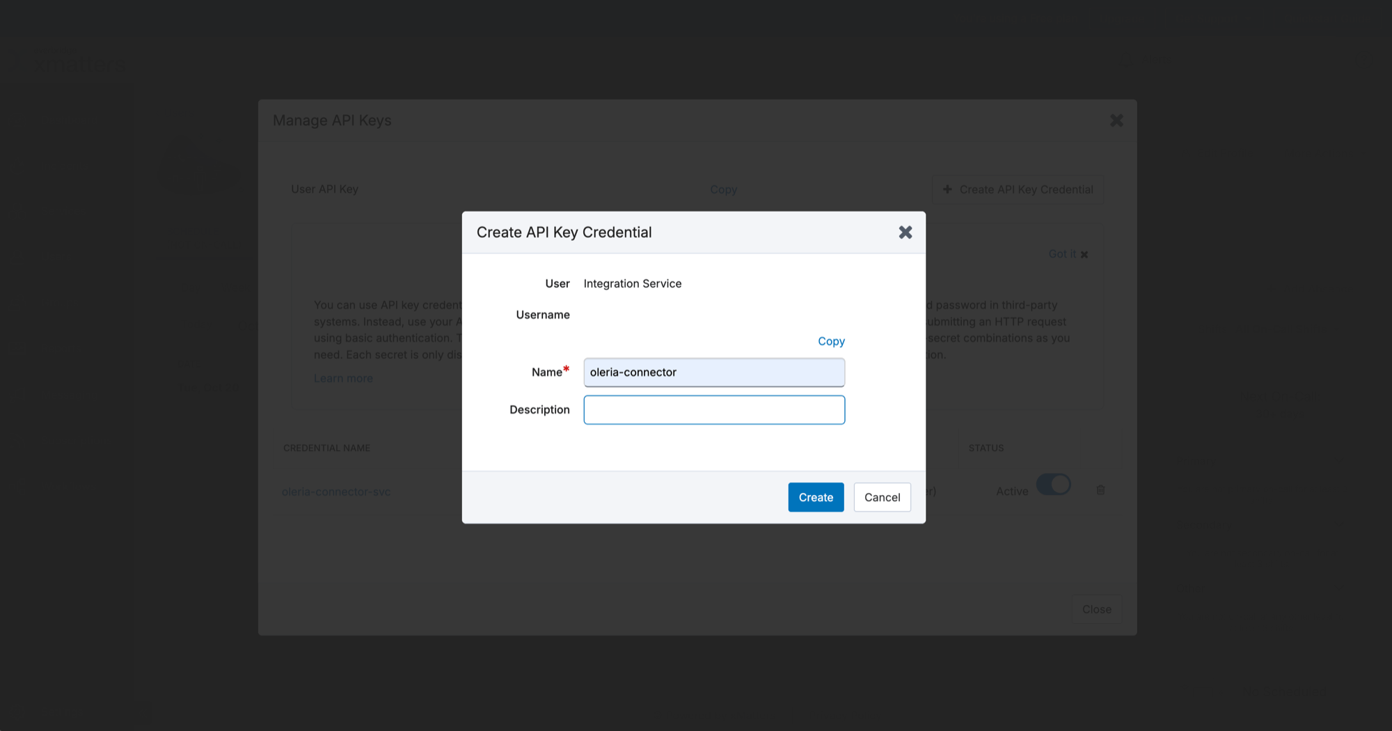 Create API Key Credential dialog with the Name and Description fields