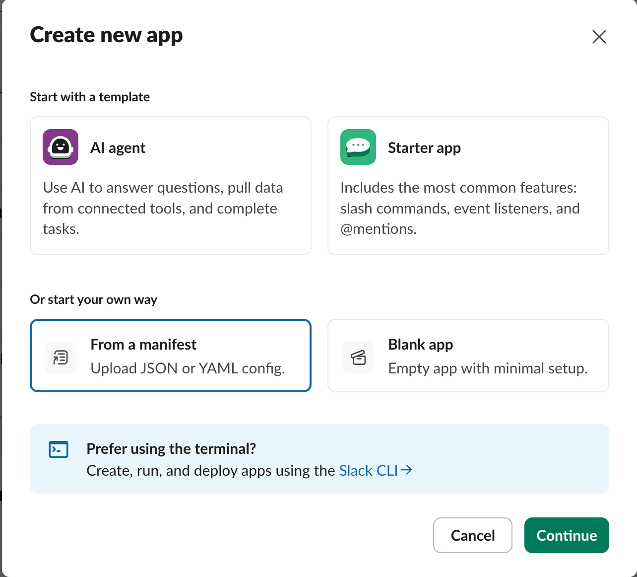 Slack Create new app dialog with From a manifest selected under Or start your own way