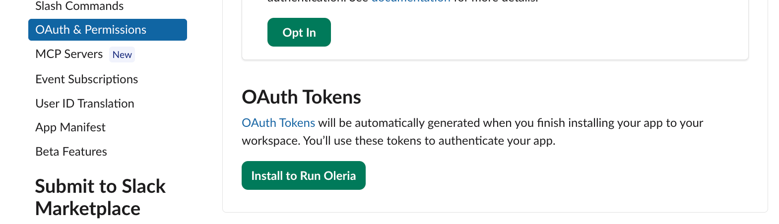 Slack OAuth and Permissions page showing the OAuth Tokens section with the Install to Workspace button