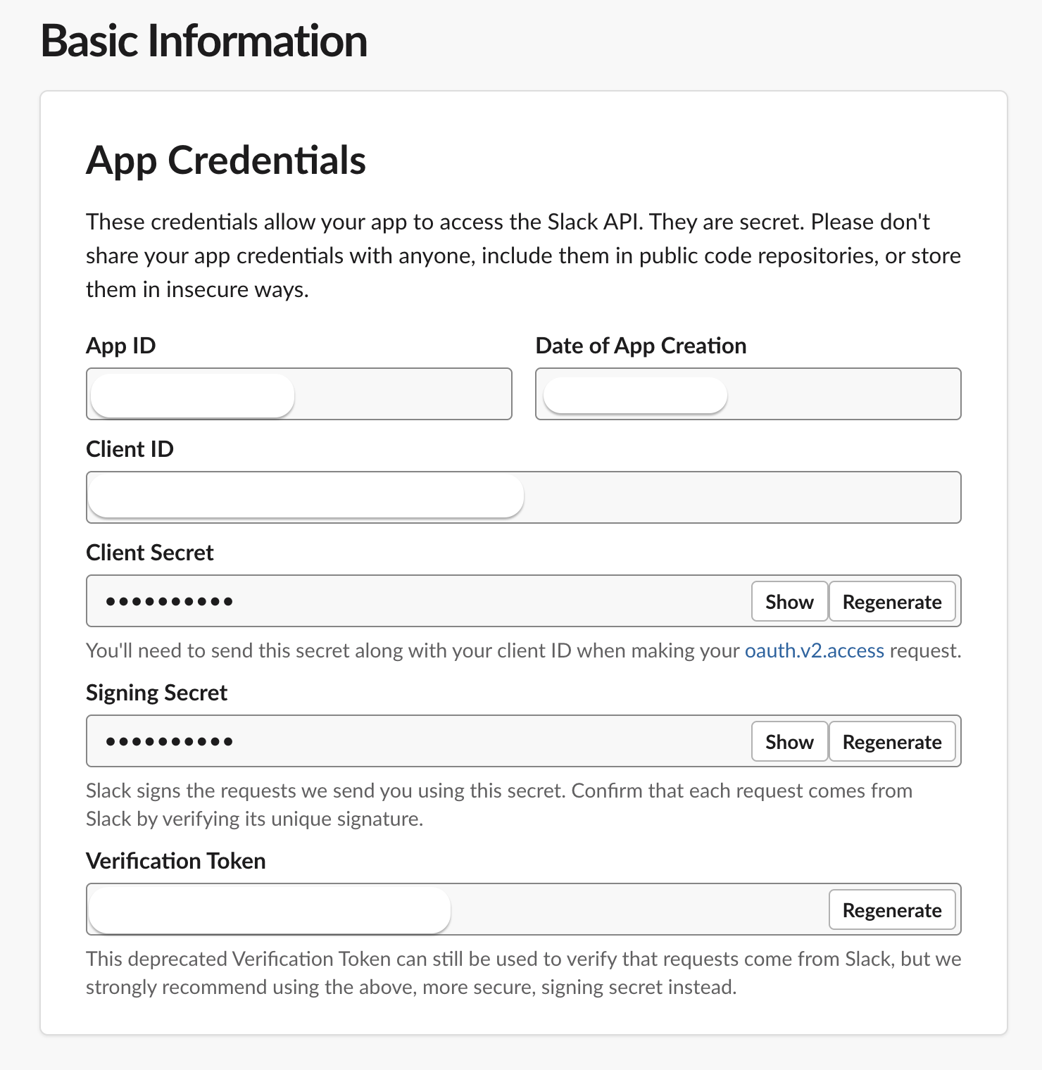 Slack Basic Information App Credentials panel showing Client ID, Client Secret, and Signing Secret fields