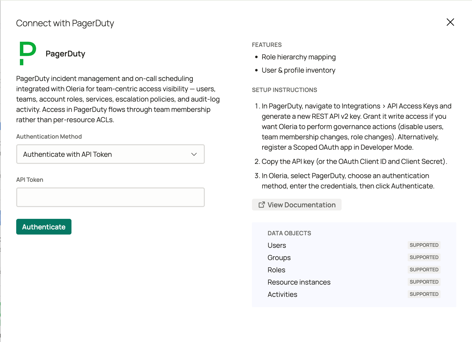 Oleria Connect with PagerDuty panel showing Authenticate with API Token selected and the API Token field