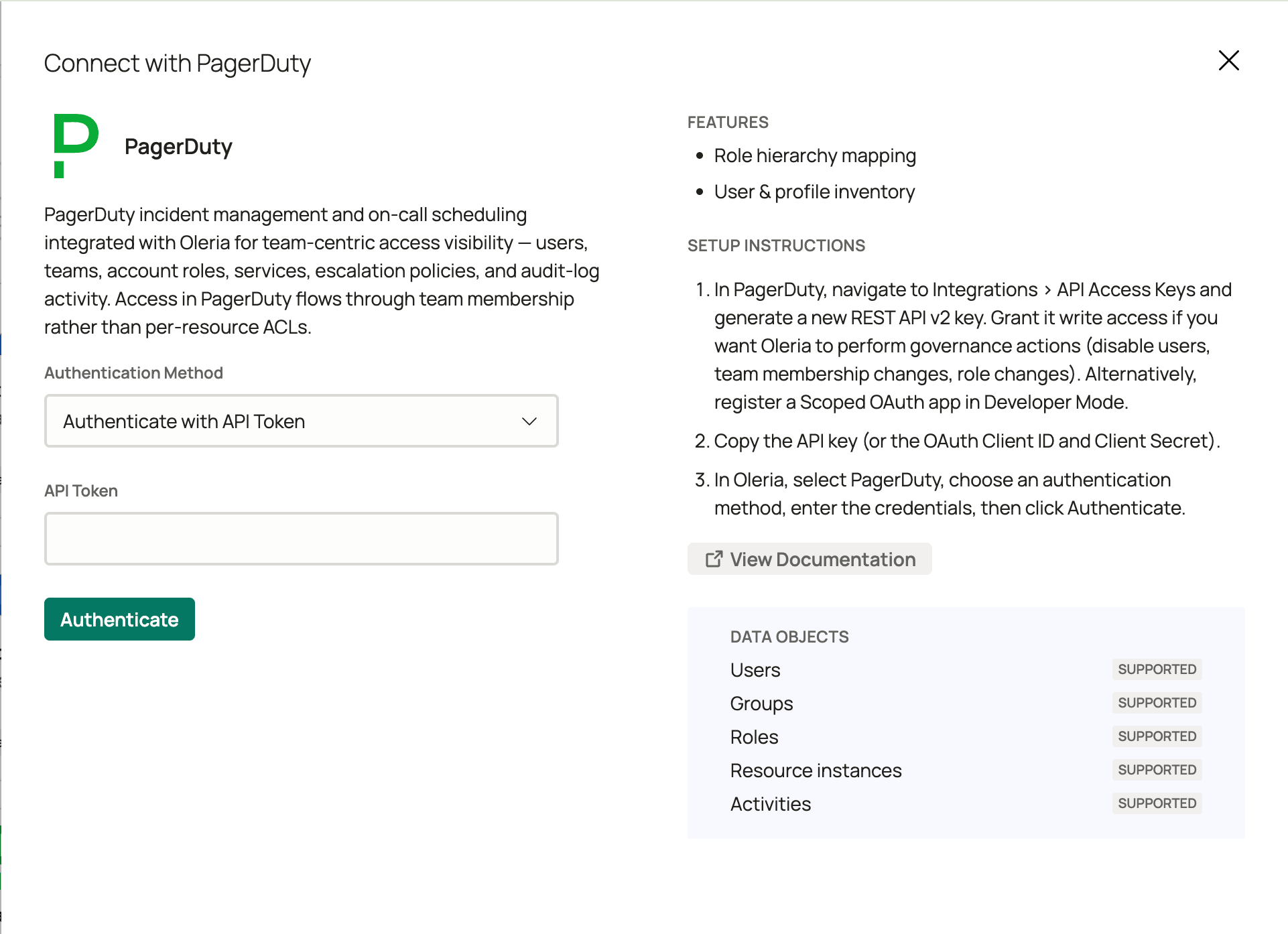 Oleria Connect with PagerDuty panel showing Authenticate with API Token selected and the API Token field