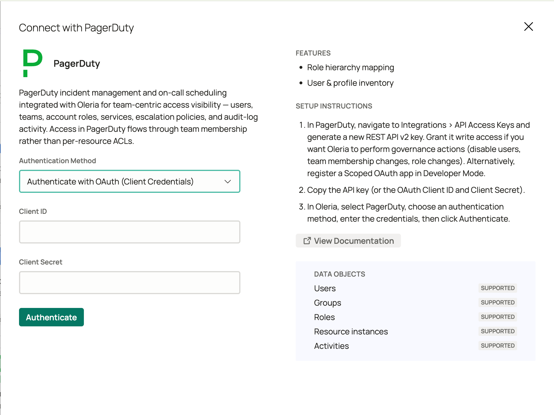 Oleria Connect with PagerDuty panel showing Authenticate with OAuth (Client Credentials) selected with Client ID and Client Secret fields