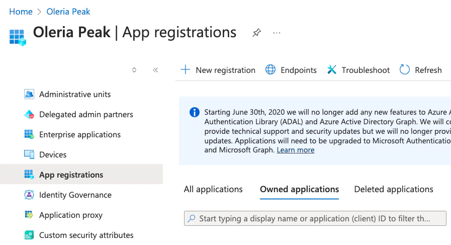 Log in to Microsoft Entra ID, navigate to the App registrations, and select New registration.