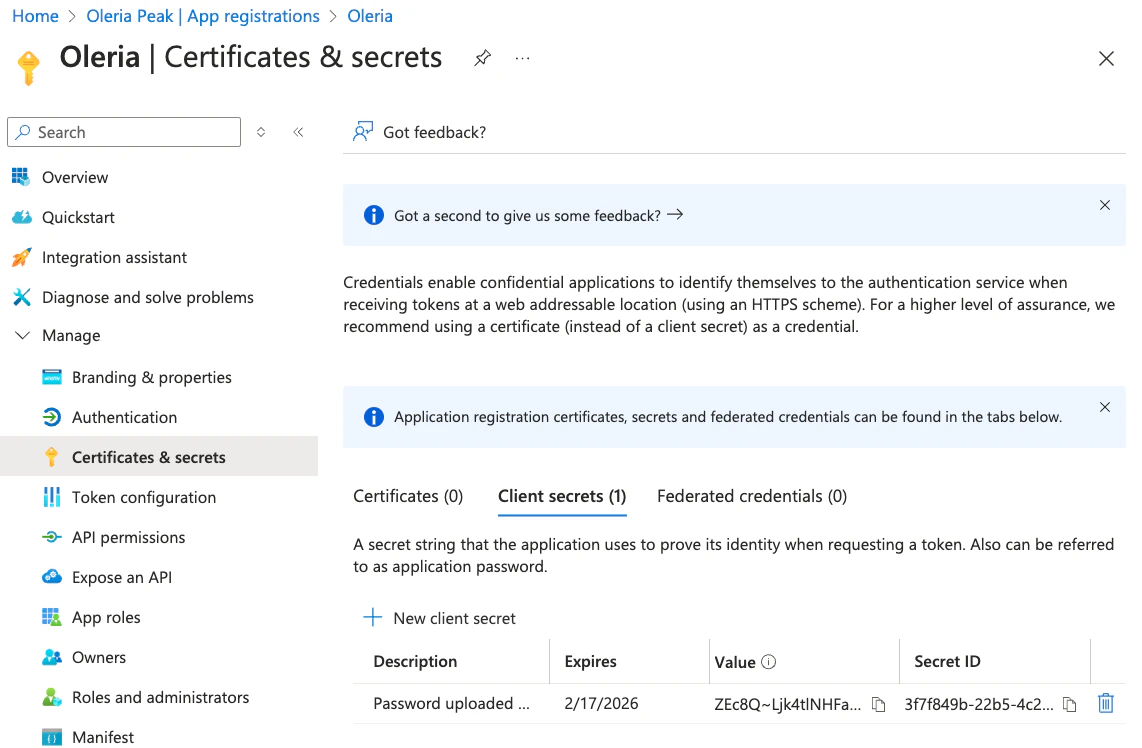 Step 8: The generated client secret will be shown as follows. Copy the Client Secret Value.
