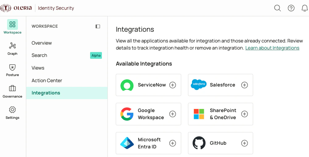 Oleria workspace Integrations page with Microsoft SharePoint and OneDrive selected