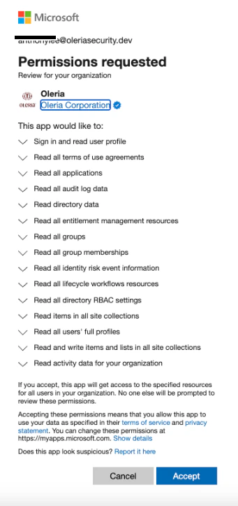 Microsoft consent form showing standard read-only permissions for SharePoint and OneDrive