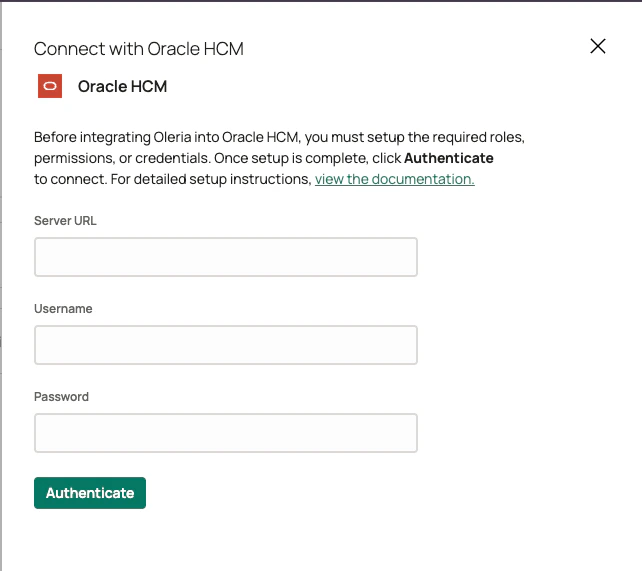 Enter the Username and password for the service user created for integration with Oleria