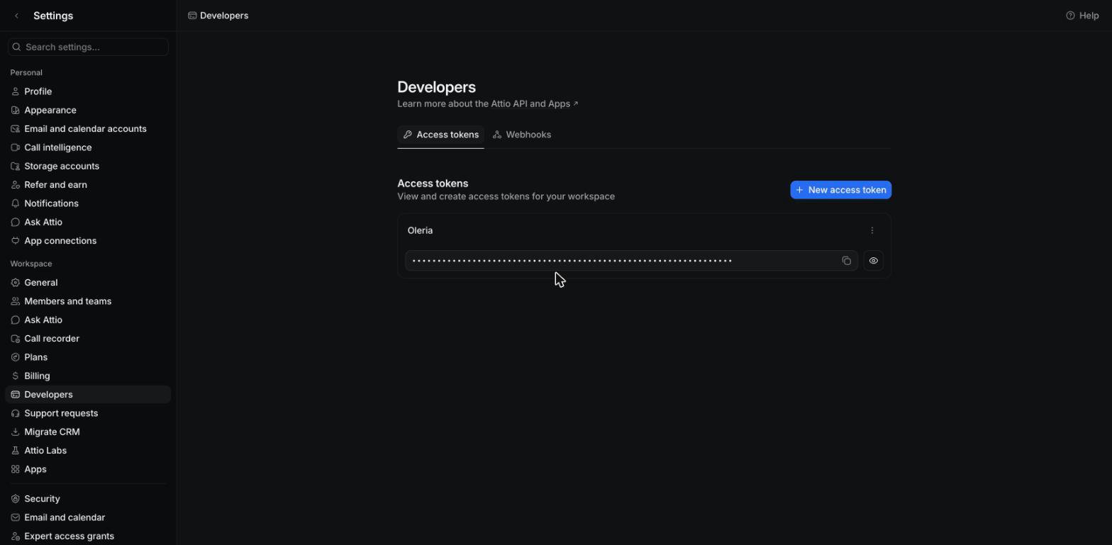 Attio Workspace settings, Developers page with the Access tokens tab and the New access token button