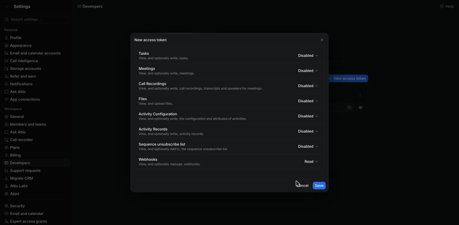 Attio New access token dialog scrolled down, with Webhooks set to Read