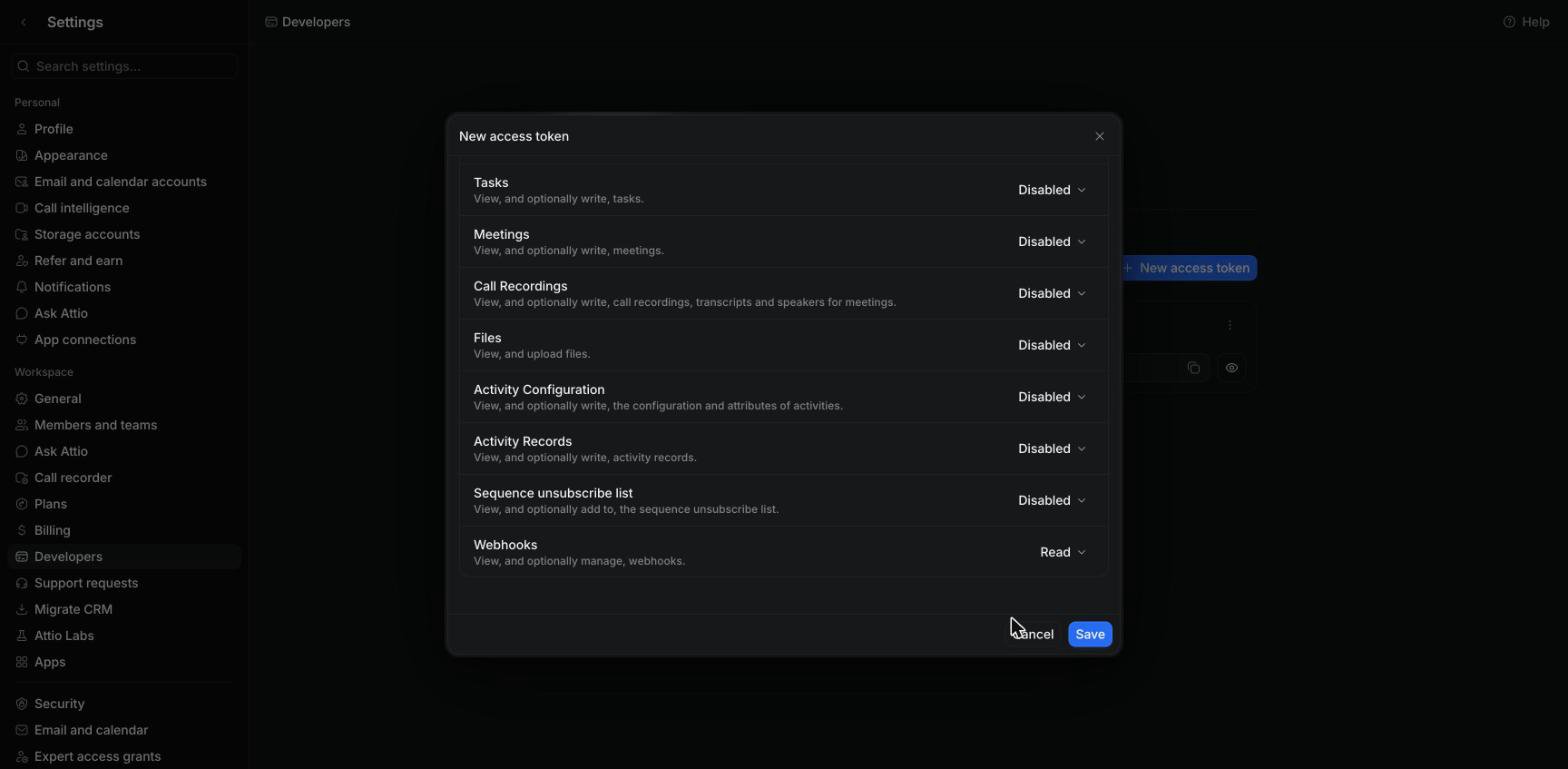 Attio New access token dialog scrolled down, with Webhooks set to Read