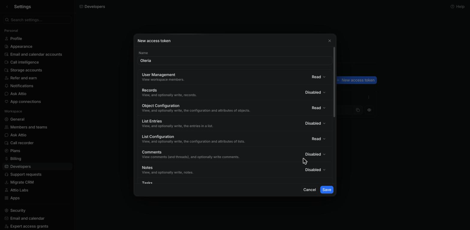 Attio New access token dialog with User Management, Object Configuration, and List Configuration set to Read
