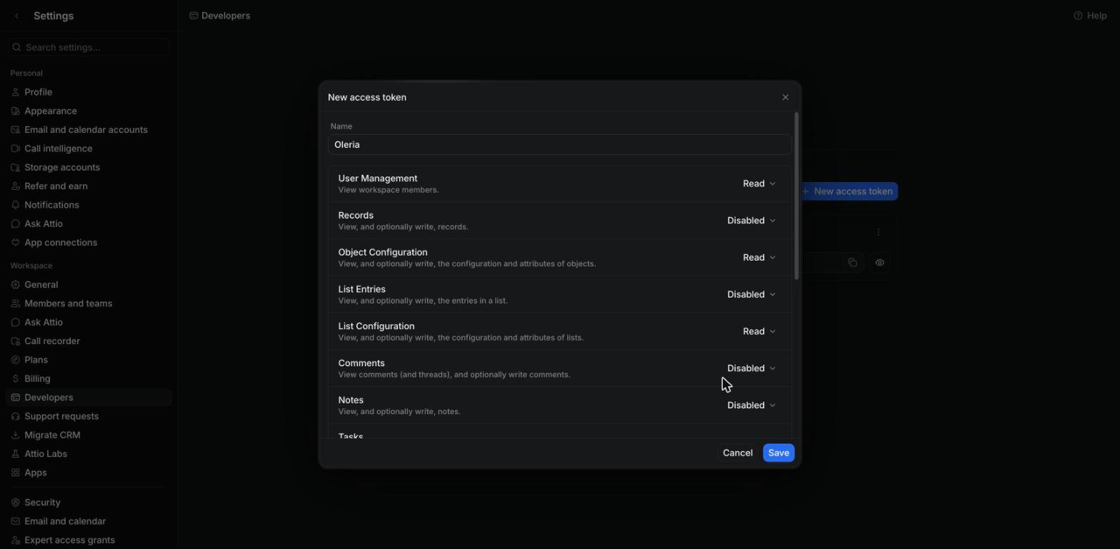 Attio New access token dialog with User Management, Object Configuration, and List Configuration set to Read