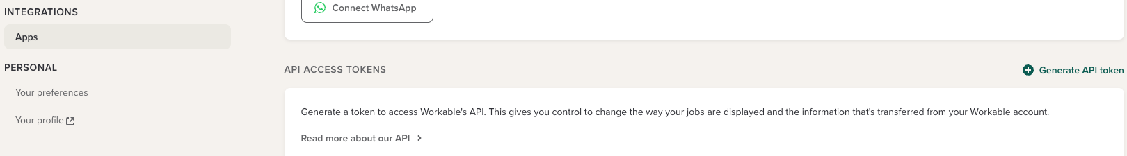 Workable Settings with Integrations > Apps selected and the API access tokens section