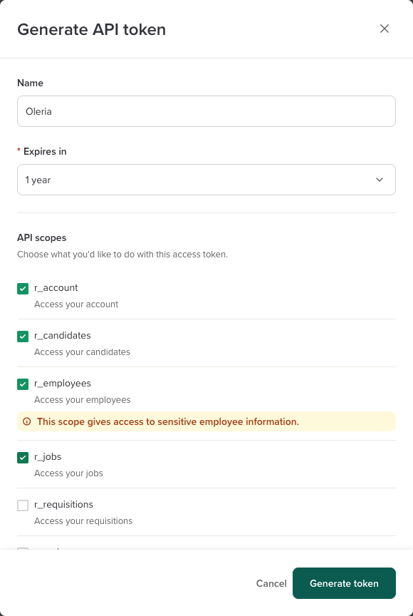 Workable Generate API token form with the Oleria name, a one-year expiry and the read scopes selected