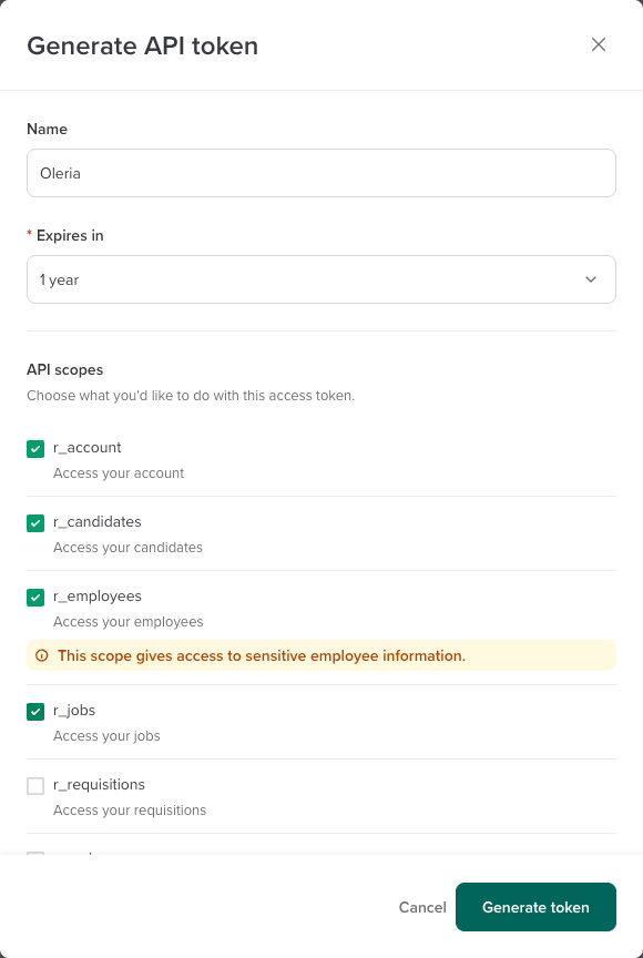 Workable Generate API token form with the Oleria name, a one-year expiry and the read scopes selected
