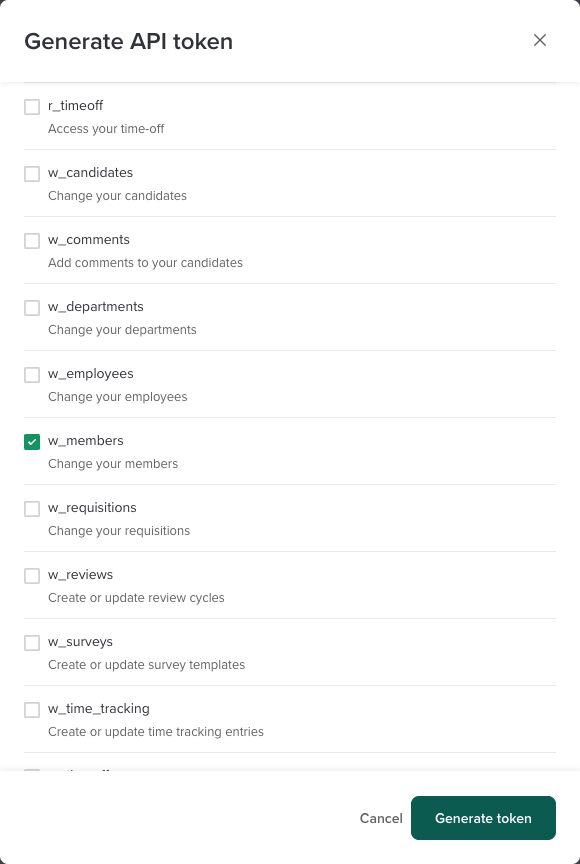 Workable Generate API token form with the w_members scope selected