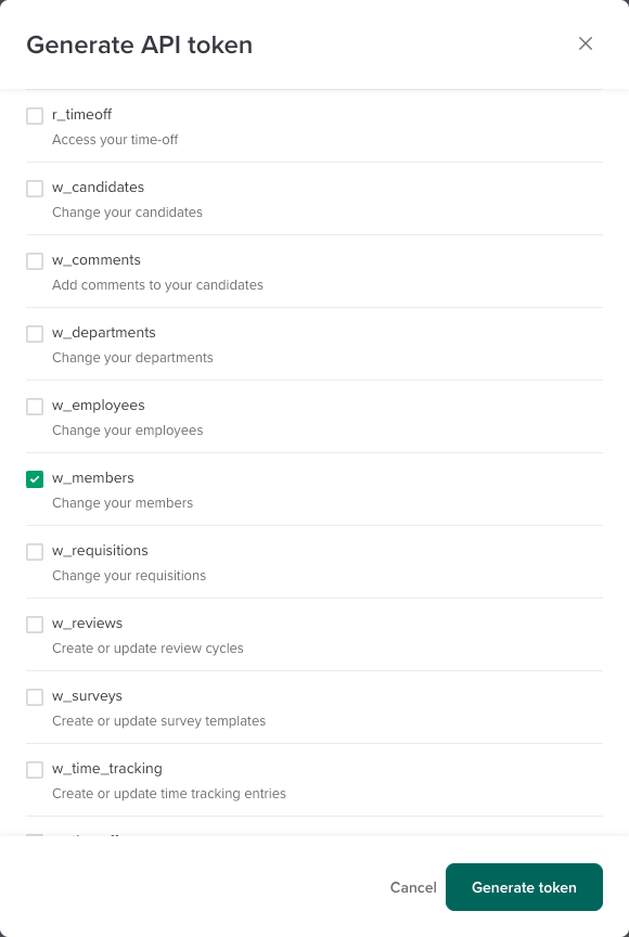 Workable Generate API token form with the w_members scope selected