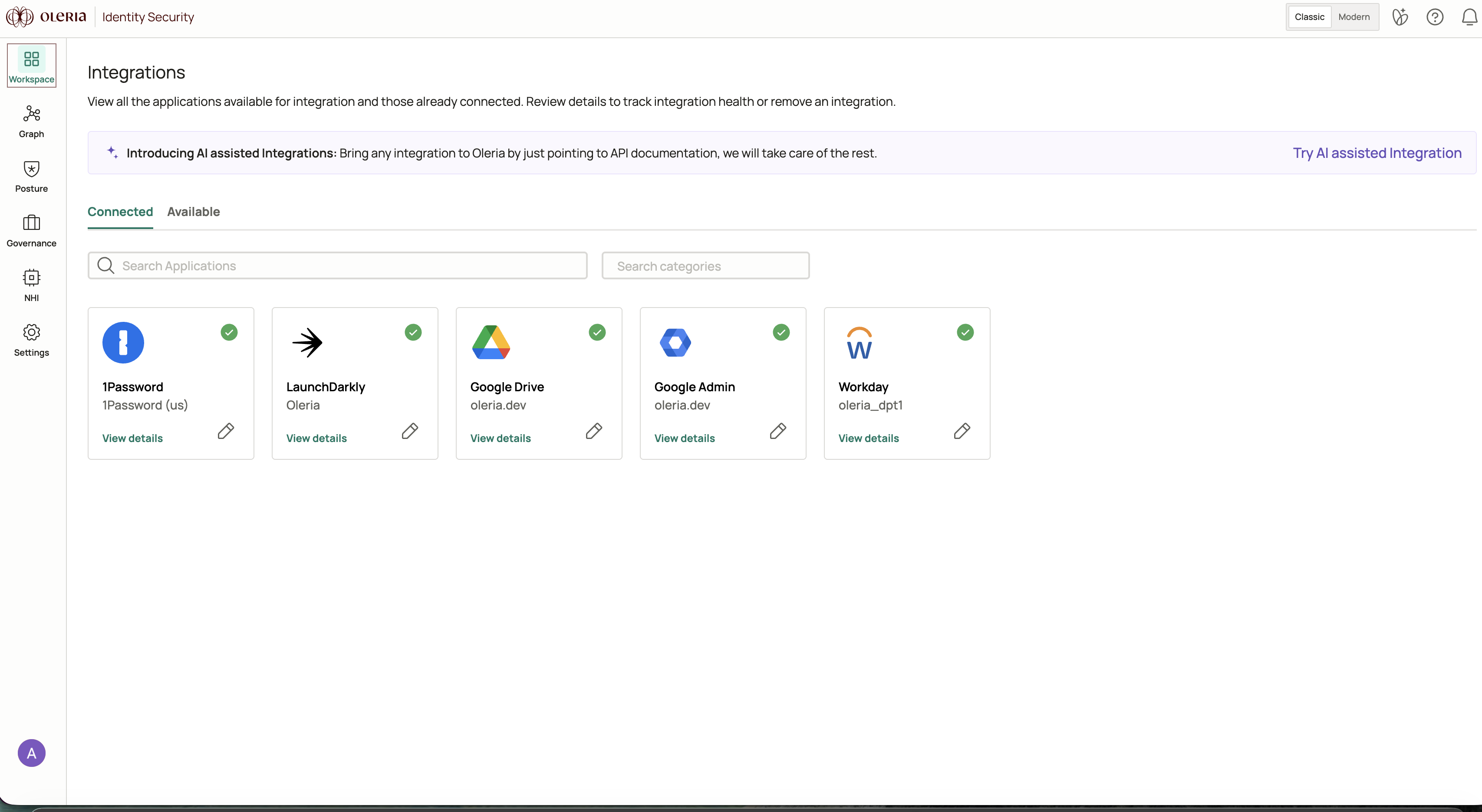 Oleria workspace Connected integrations tab showing the 1Password integration