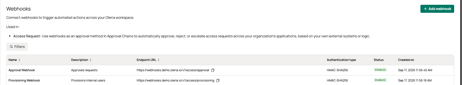 Webhooks settings page listing configured webhooks with their endpoint URLs, authentication type, and enabled status