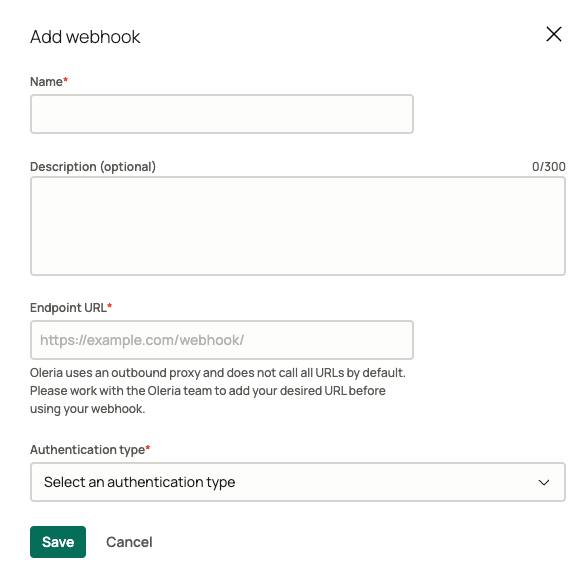 Add webhook form with fields for name, description, endpoint URL, and authentication type