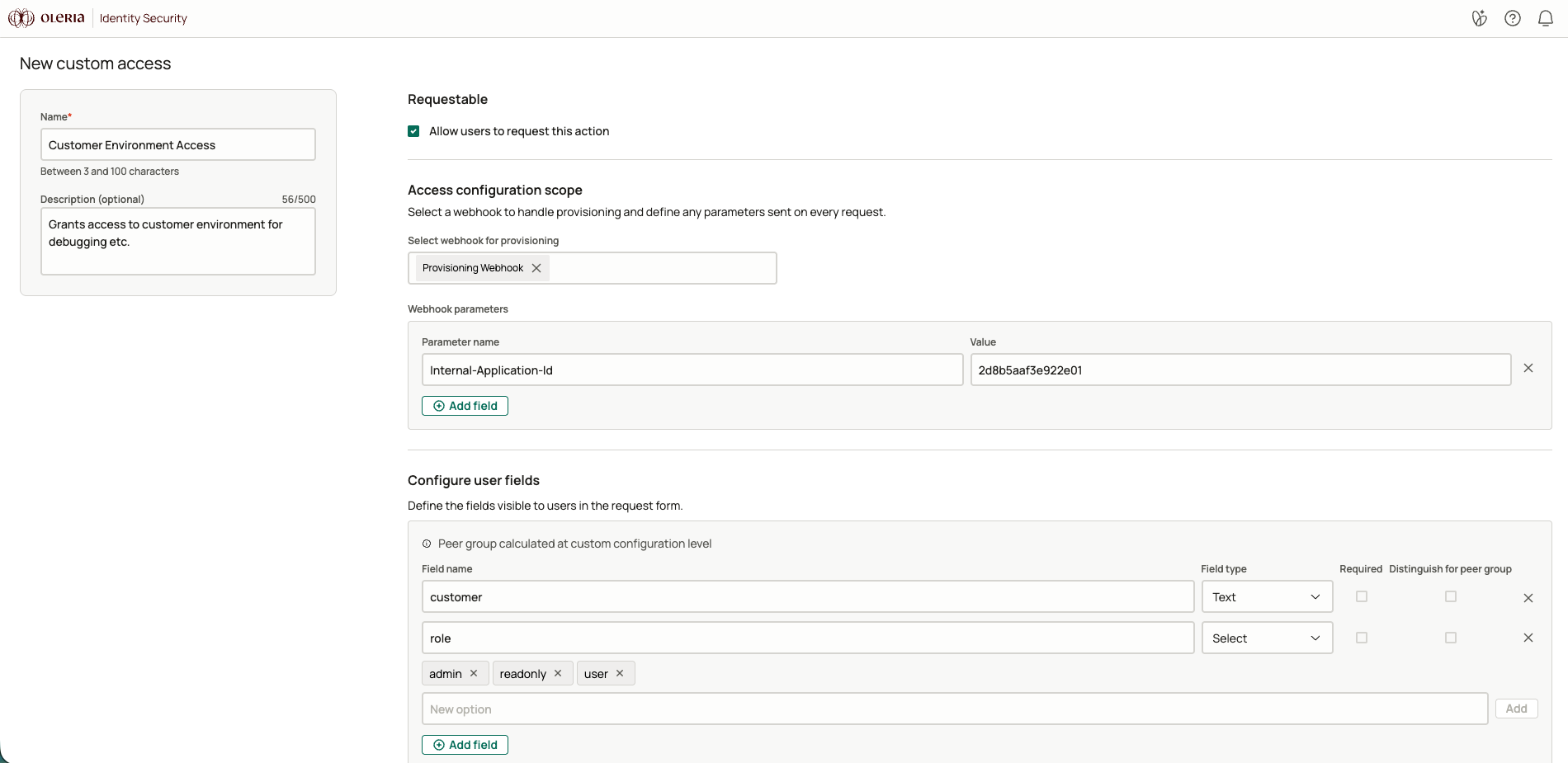 New custom access page showing the provisioning webhook, its parameters, and the user fields that make up the request form