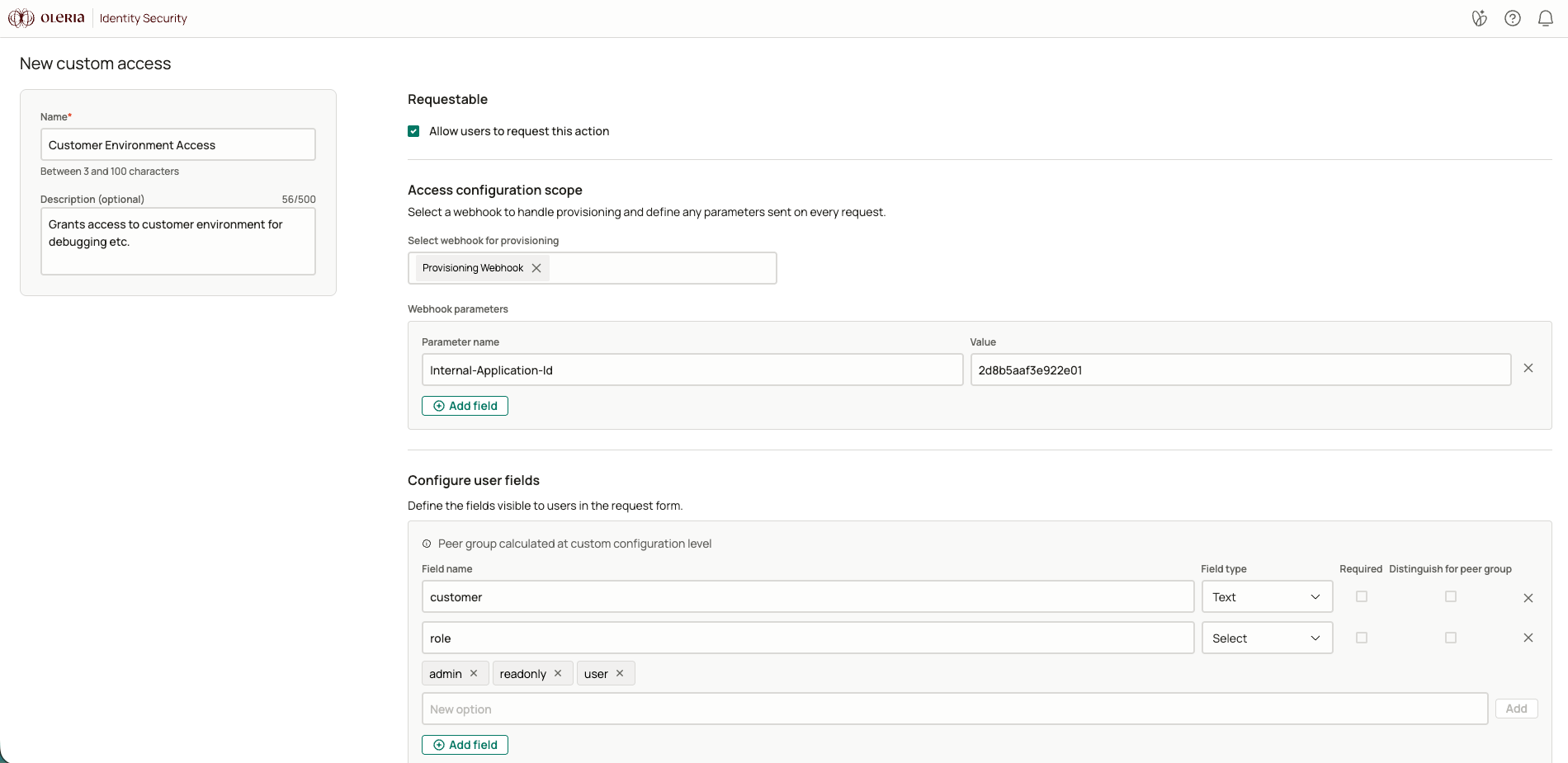 New custom access page showing the provisioning webhook, its parameters, and the user fields that make up the request form