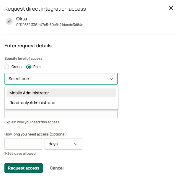 Request direct integration access dialog with the group and role options and the list of configured roles for the application