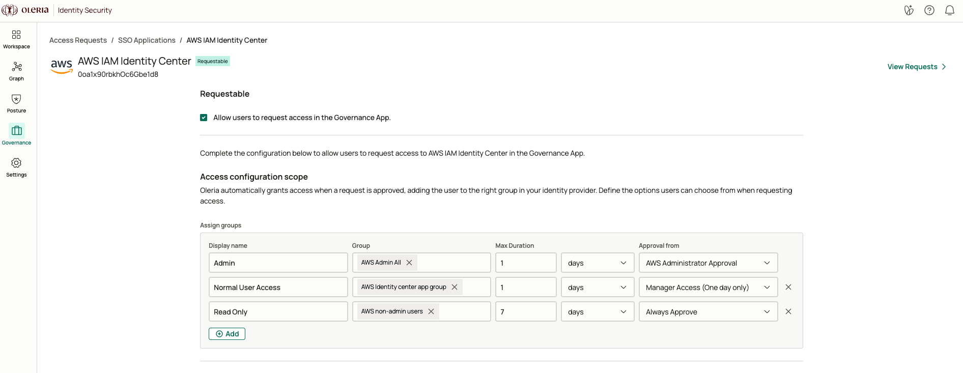 Assign groups table mapping display names to identity provider groups, each with its own maximum duration and approval chain