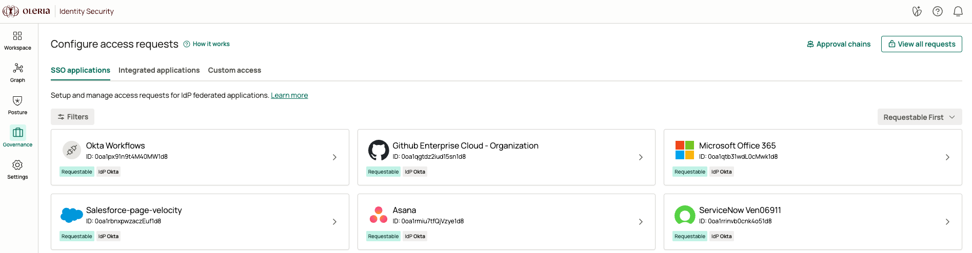 SSO applications tab listing federated applications, each tagged with its requestable state and identity provider