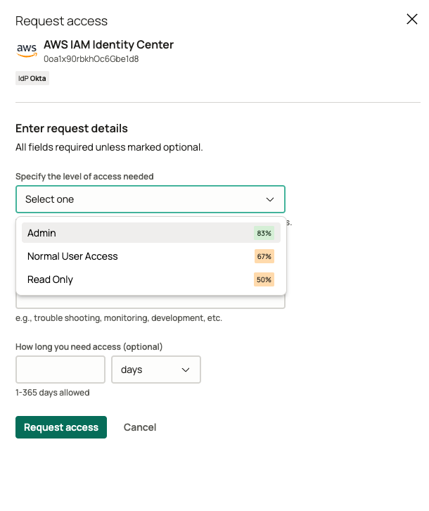 Request access dialog for an SSO application, showing the configured access levels with the percentage of the requester's peer group holding each one
