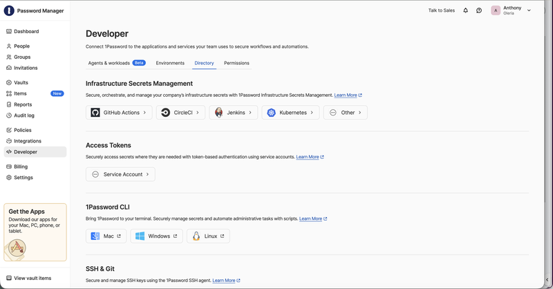 1Password Developer Directory tab with the Access Tokens section and the Service Account card