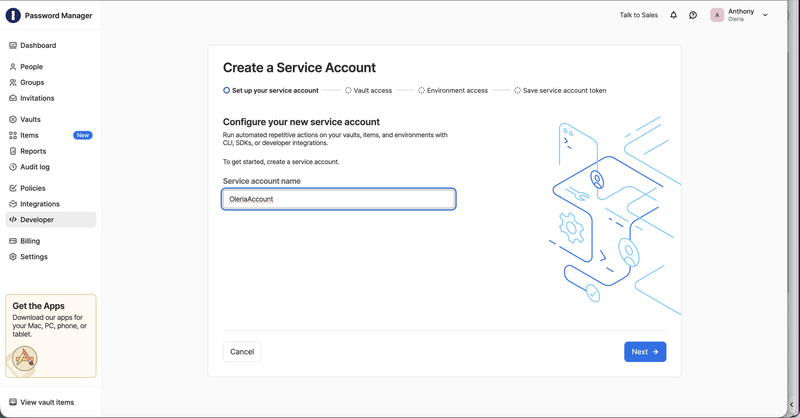 Create a Service Account wizard with the service account name field filled in