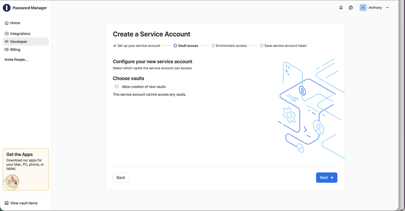 Create a Service Account wizard Vault access step with the Choose vaults section