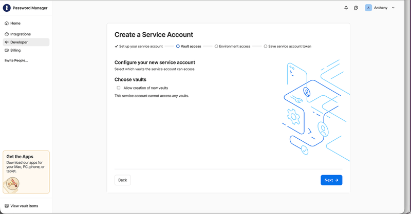 Create a Service Account wizard Vault access step with the Choose vaults section