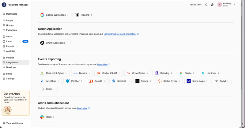 1Password Integrations page with the Events Reporting section and the Other option