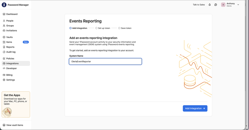 Events Reporting wizard with the System Name field filled in