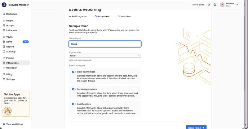 Events Reporting Set up token step with Sign-in attempts, Item usage events, and Audit events toggled on